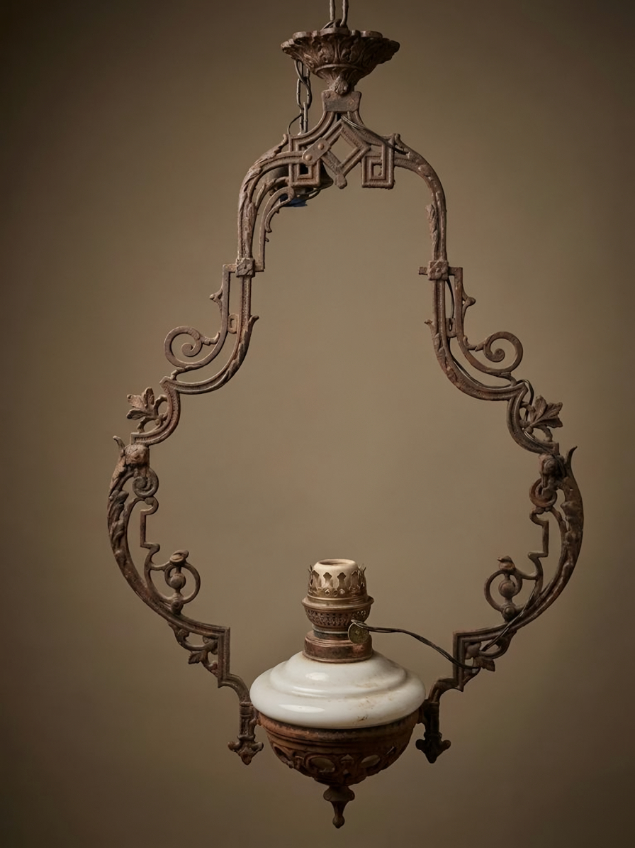 Quinqué de hierro colgante — antes de la restauración
